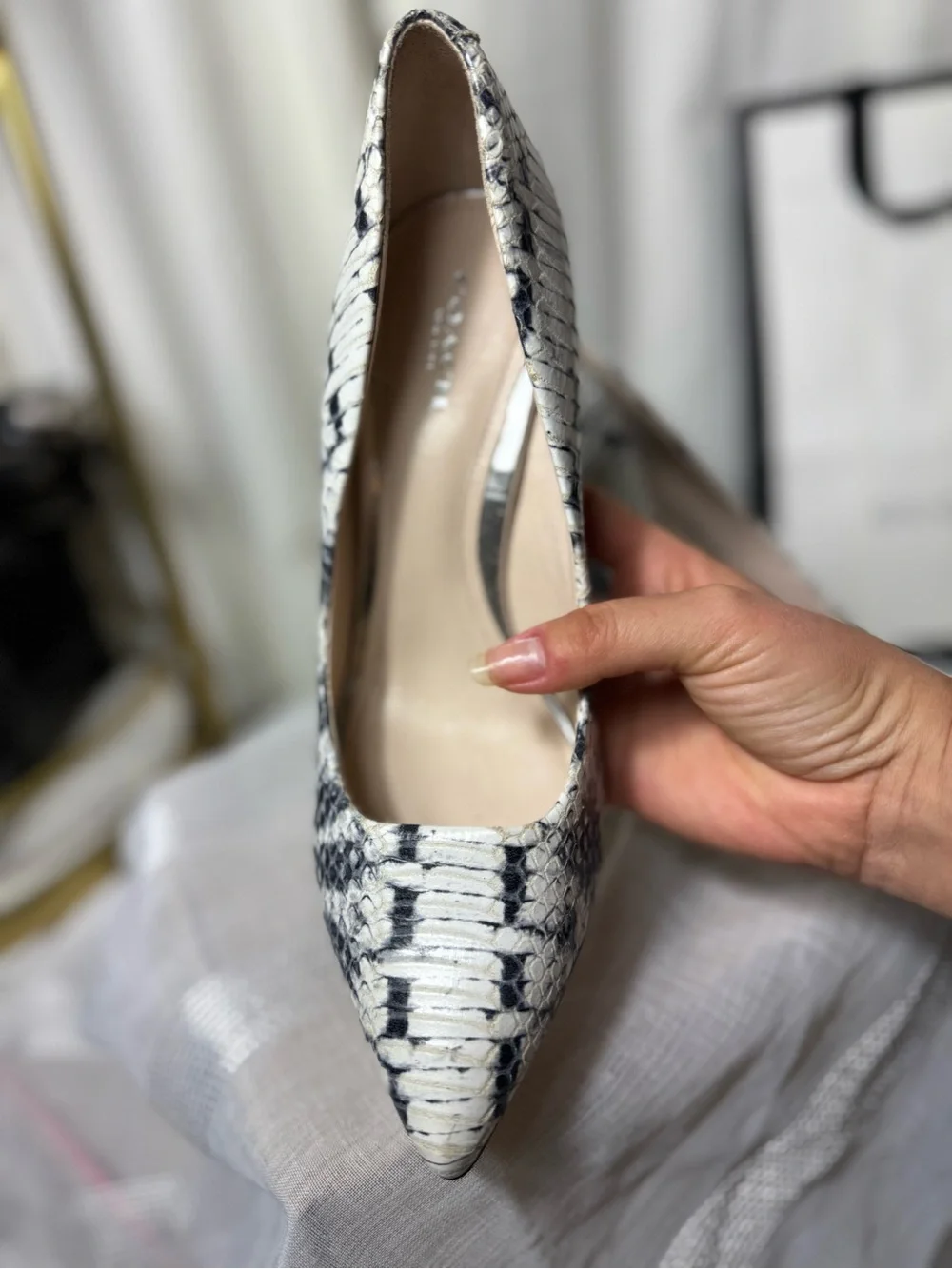 Coach Black and White Snakeskin Pointed Wedge Pumps